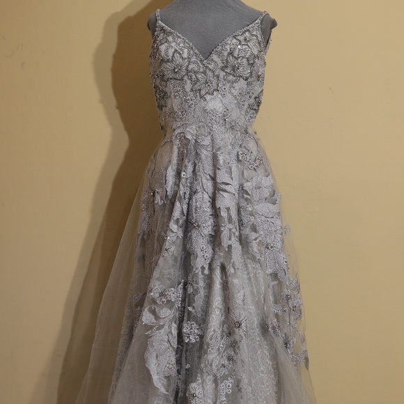 JOVANI silver embellished spaghetti strap prom dress in size 14